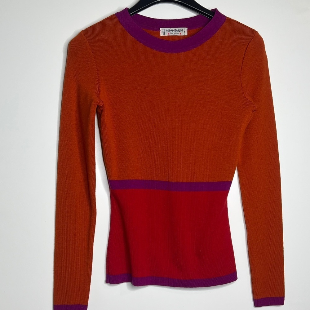 Yves Saint Laurent Sz S Wool Color Block Slim Fit Long Sleeve Vintage Sweater